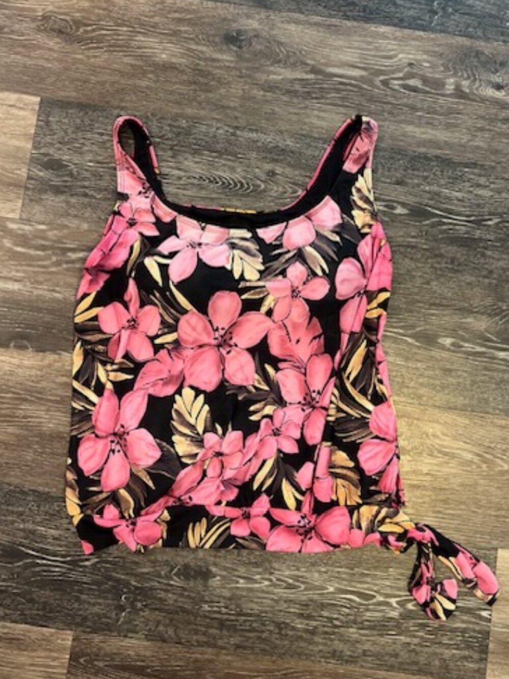 Women's Blair Tankini swimsuit top, Size 16, Pink/Black Floral, Padded cups, Tie